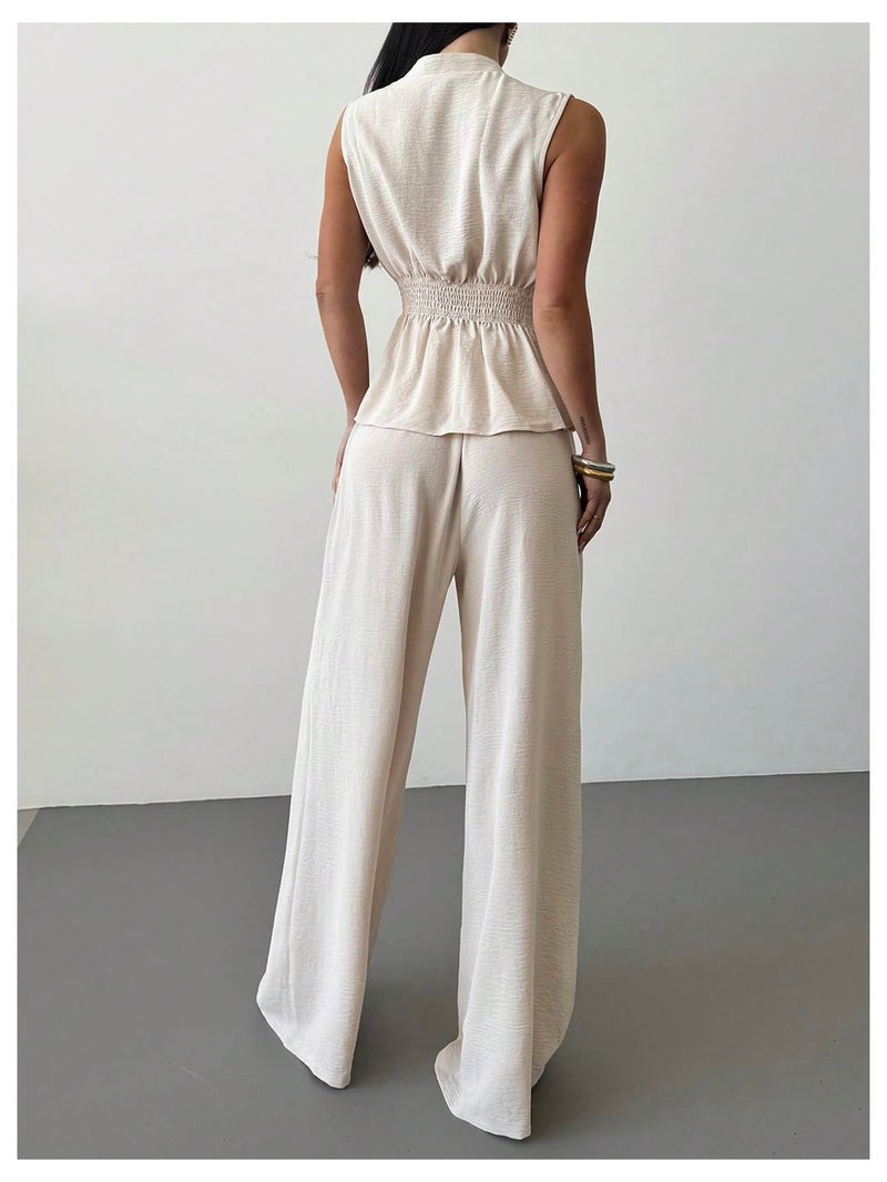 Verdusa Women's 2 Piece Old Money Clothes Tie Waist Wrap Vest with Dress Pants Clothing Sets Apricot Medium - Image 2