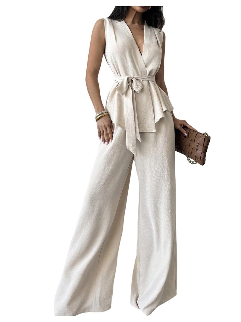 Verdusa Women's 2 Piece Old Money Clothes Tie Waist Wrap Vest with Dress Pants Clothing Sets Apricot Medium - Image 1