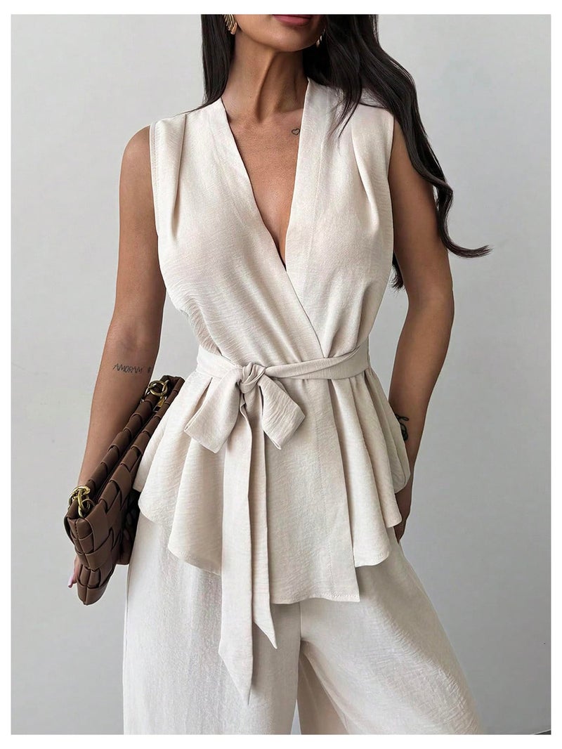 Verdusa Women's 2 Piece Old Money Clothes Tie Waist Wrap Vest with Dress Pants Clothing Sets Apricot Medium - Image 3