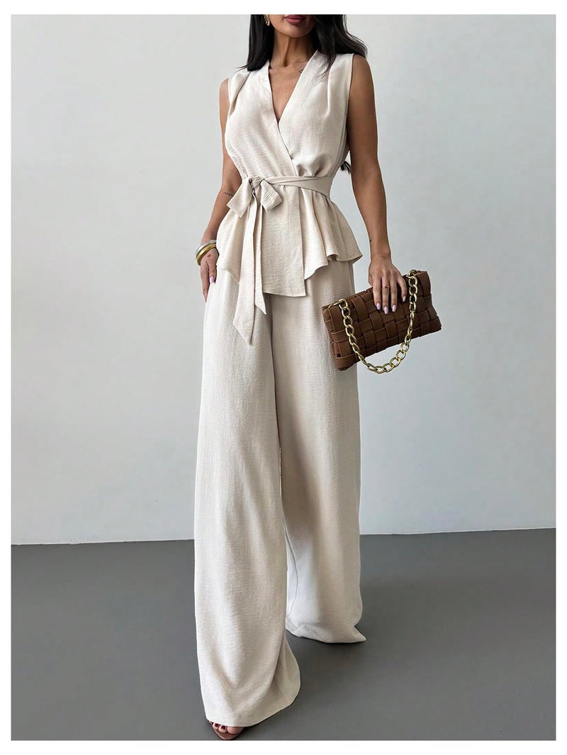 Verdusa Women's 2 Piece Old Money Clothes Tie Waist Wrap Vest with Dress Pants Clothing Sets Apricot Medium - Image 5