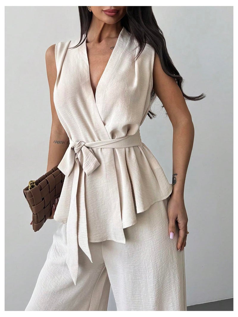 Verdusa Women's 2 Piece Old Money Clothes Tie Waist Wrap Vest with Dress Pants Clothing Sets Apricot Medium - Image 4