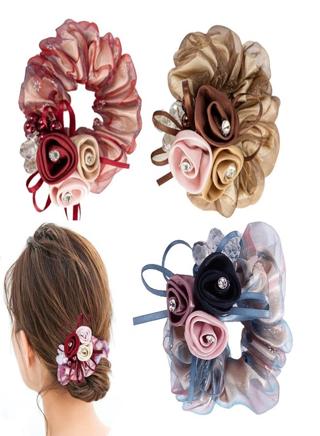 Melodio 3PCS Glitter Rose Flower Hair Ties, Sparkly Floral Bow Elastic Rubber Bands, Stretchy Hair Rings Ponytail Holders Scrunchies for Women Girls - Image 2