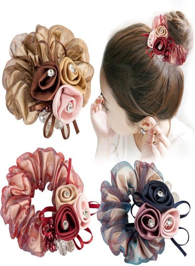 Melodio 3PCS Glitter Rose Flower Hair Ties, Sparkly Floral Bow Elastic Rubber Bands, Stretchy Hair Rings Ponytail Holders Scrunchies for Women Girls - Image 1