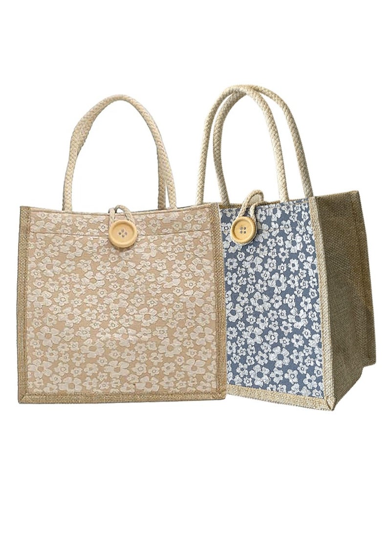 Women Tote Bag,2Pcs Jute Casual Tote's Handbag Embroidered Personalized Bento Bag,Reusable Grocery Bags Shopping Bags  - Image 1