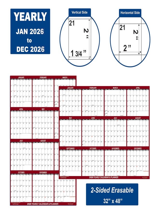 Swiftmaps 32" x 48" SwiftGlimpse 2026 Wall Calendar Erasable Jumbo XL Wet & Dry Erase Laminated 12 Month Annual Yearly Wall Planner, Reversible, Horizontal/Vertical, Maroon - Image 4