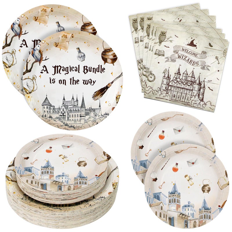 Dhnvcud 180PCS Magical Party Supplies Serve 60,Magical Wizard Paper Plates and Napkins Kit for Boys And Girls Happy Birthday Baby Shower Party,Includes Dinner and Dessert Plates, Napkins - Image 1