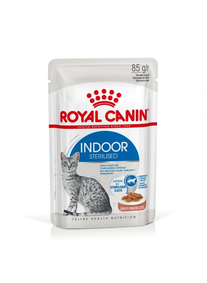 رويال كانين طعام قطط رطب Indoor Sterilised – ١٢ × ٨٥ جم | قطط بالغة داخلية ومخصّاة | قطع في الجرافي