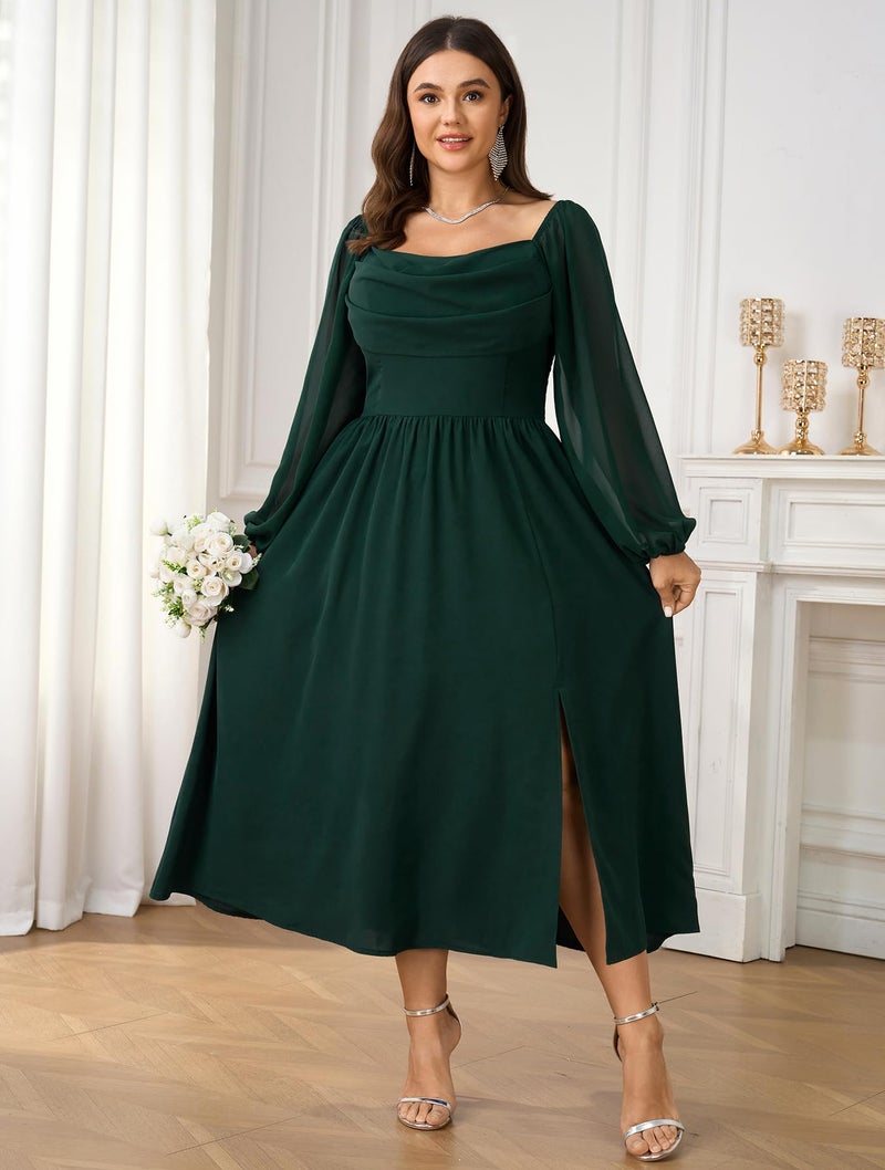 SHESTARR Women's Plus Size Dress Chiffon Long Sleeve Cowl Neck Wedding Guest Cocktail Party Maxi Dress Emerald Green - Image 4