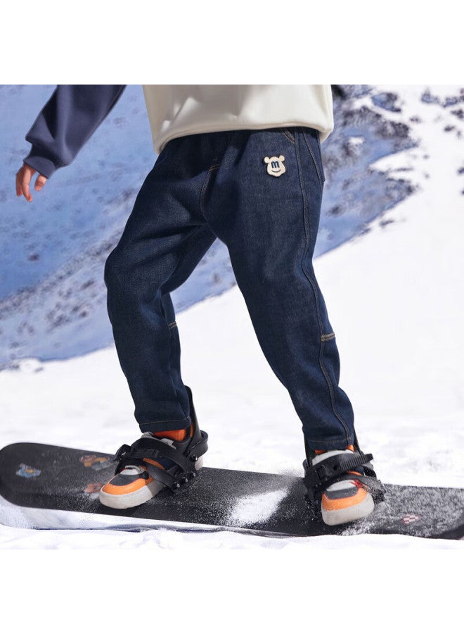 Mqd Boys' Sports Casual Winter Fleece-lined Trendy Loose Denim Pants Dark Blue 110 - Image 1