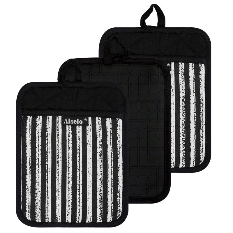 Alselo Silicone Pot Holders Set of 3 Heat Resistant  Non Slip Potholders Professional Oven Hot Pads with Pockets Mitts for Kitchen Cooking Baking Barbecue 3 Black