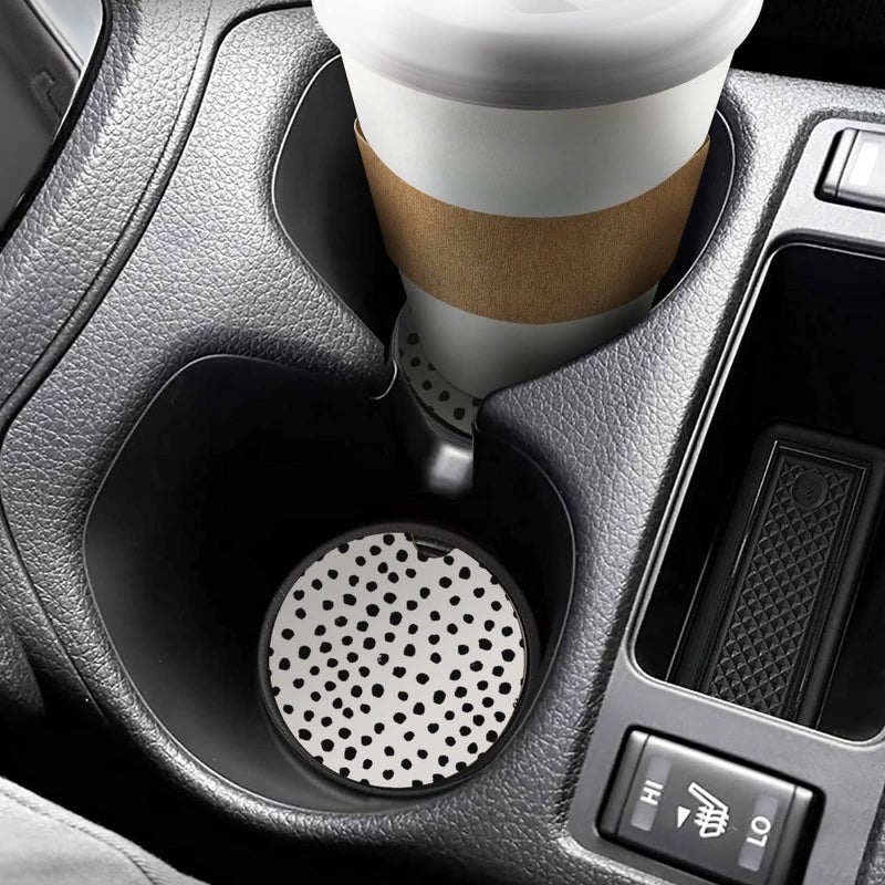 SXboxing Absorbent Car Cupholder Coaster 2 Pack,Ceramic Stone with a Finger Notch for Women & Lady,Cork Base Drink Coasters 2.56 Inch,Cute Auto Accessories Gifts - Cute Black Polka Dot - Image 3