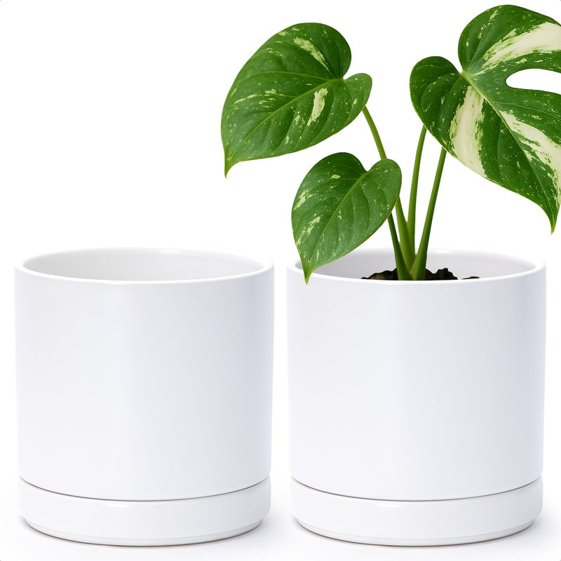 Dvine Dev Set of 2 Plants Pots 65 Inch Ceramic Planter Pot for Plants with Drainage Hole and Saucer White 94VC1