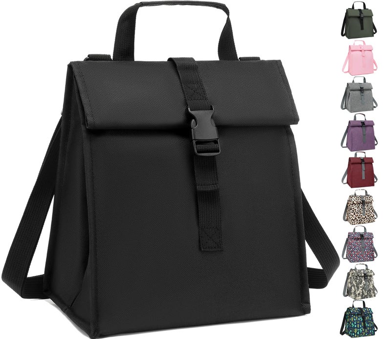 GYEUKHAM Insulated Lunch Bag for MenWomenKids Roll top Reusable Lunch Box with Adjustable Shoulder Strap Thermal Lunch Cooler Tote Container for AdultsTeens School Work Office PicnicBlack