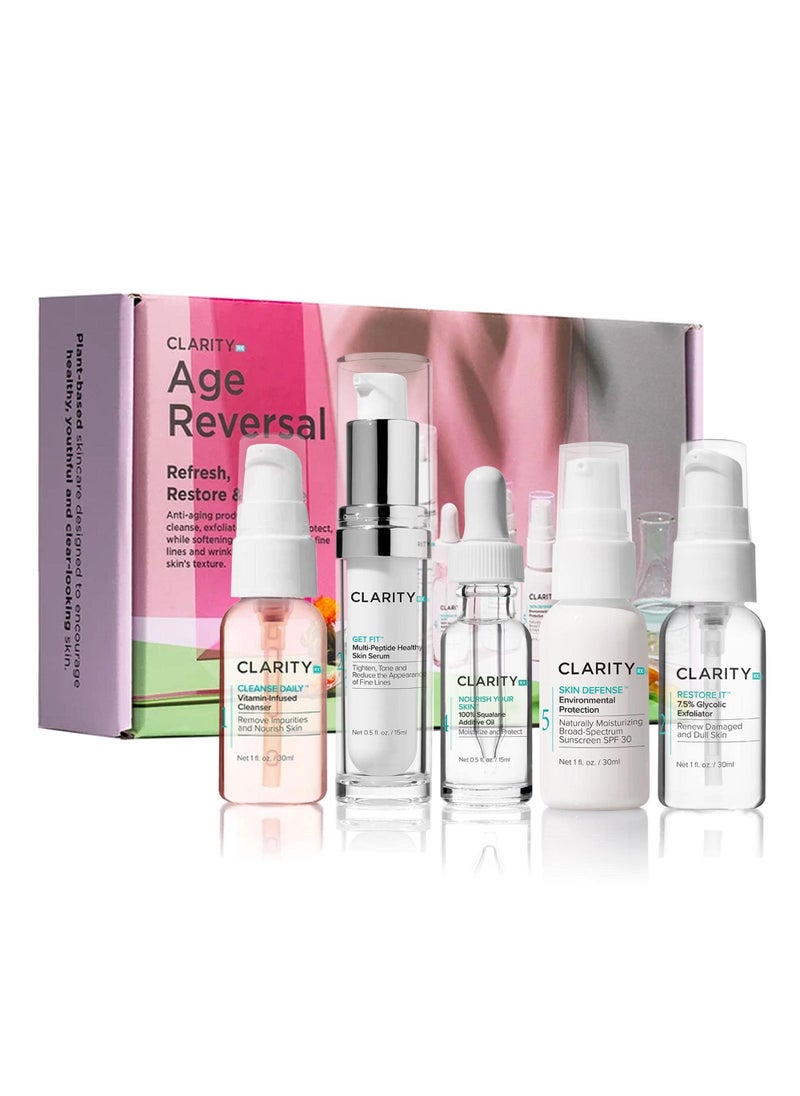 ClarityRx - ClarityRx Age Reversal Anti-Aging Skin Care Set, Kit Includes Natural Plant-Based Face Wash, Glycolic Acid Facial Scrub, Peptide Serum, Squalane Moisturizing Oil, SPF 30 Sunscreen - Image 1