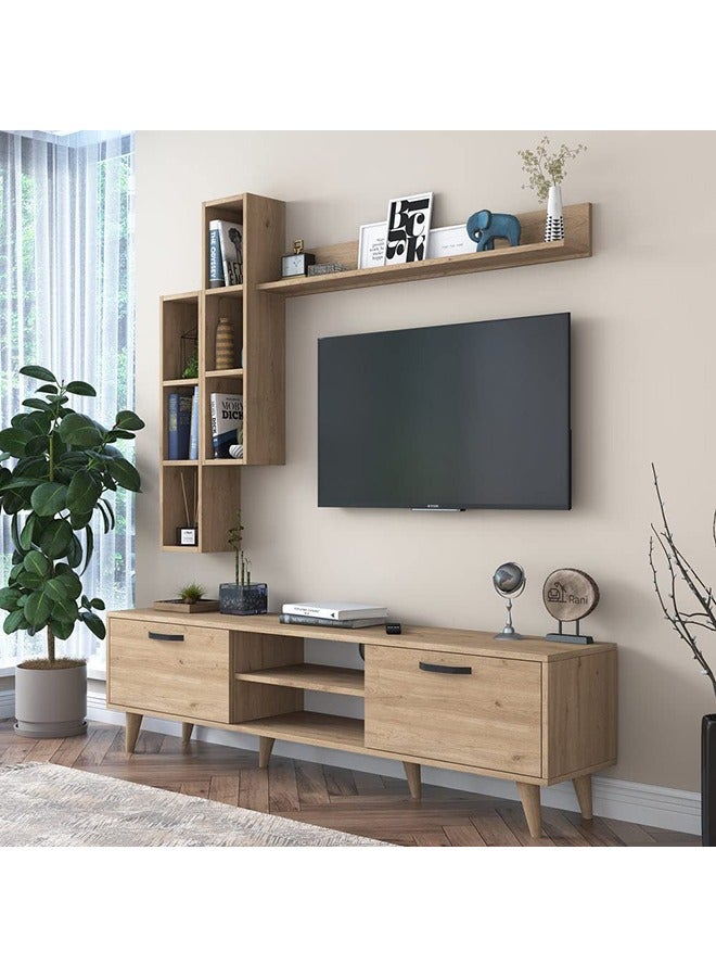 Home Canvas Lush Tv Unit With Wall Shelf Tv Stand With Bookshelf Wall Mounted With Shelf Modern Leg 180 cm - Walnut - Image 1