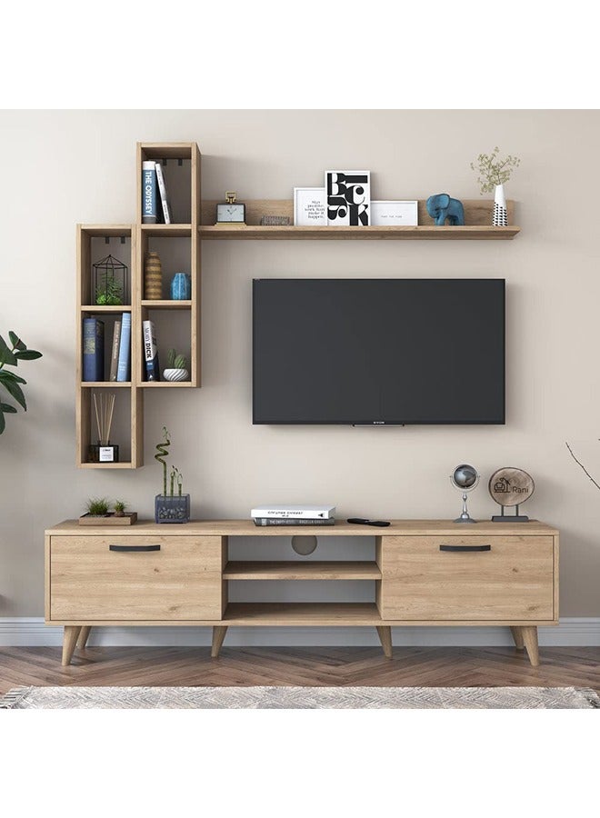 Home Canvas Lush Tv Unit With Wall Shelf Tv Stand With Bookshelf Wall Mounted With Shelf Modern Leg 180 cm - Walnut - Image 4