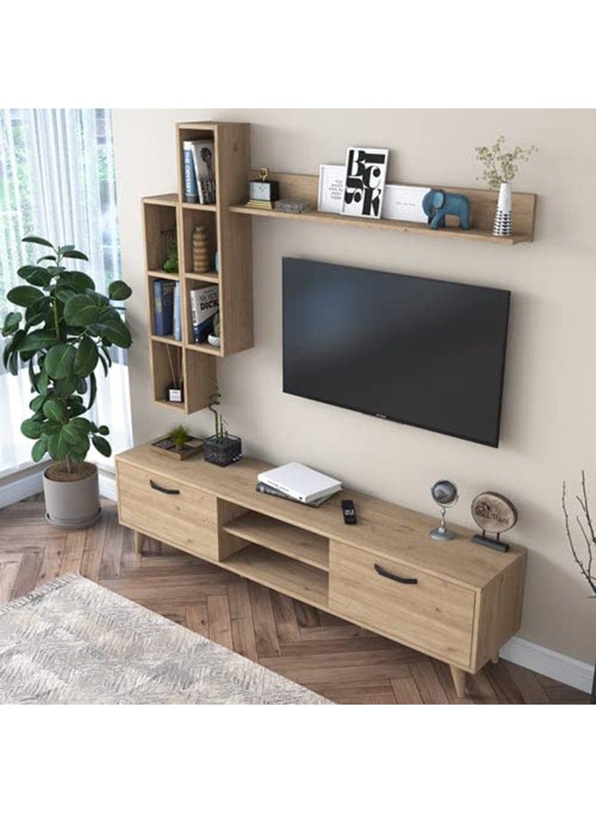 Home Canvas Lush Tv Unit With Wall Shelf Tv Stand With Bookshelf Wall Mounted With Shelf Modern Leg 180 cm - Walnut - Image 3