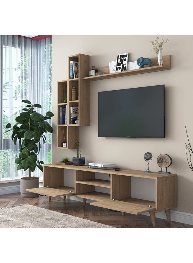 Home Canvas Lush Tv Unit With Wall Shelf Tv Stand With Bookshelf Wall Mounted With Shelf Modern Leg 180 cm - Walnut - Image 5