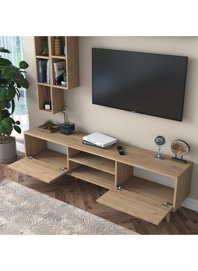 Home Canvas Lush Tv Unit With Wall Shelf Tv Stand With Bookshelf Wall Mounted With Shelf Modern Leg 180 cm - Walnut - Image 2