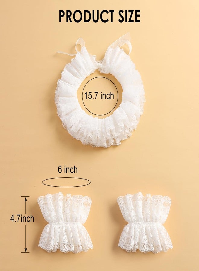Furutonhe Lace Neck Ruffle Collar and Wrist Cuff Sleeves Detachable Clown Costume Accessories, White, One size - Image 2