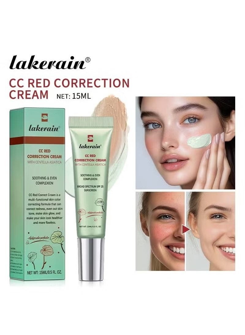 lakerain - Color Correcting CC Cream, Women's CC Red Correct with Centella, Boost Radiance, Refine Skin Texture, Plump, Softer & Hydrated Skin, Multi-Purpose Skin Tone Adjusting CC Cream Full Coverage(Green) - Image 1