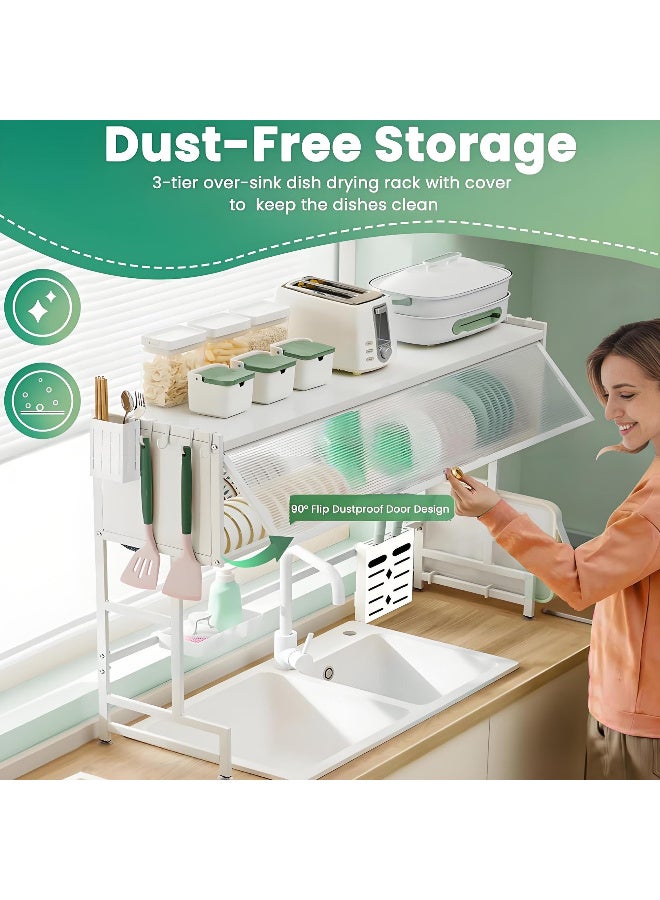 زيريفام مصفاة أطباق بثلاث طبقات فوق الحوض مع غطاء، رف تجفيف أطباق فوق الحوض مصنوع من الفولاذ المقاوم للصدأ، رف تجفيف كبير موفر للمساحة للأطباق والأوعية وأدوات المائدة (أبيض، 95 سم) - Image 3