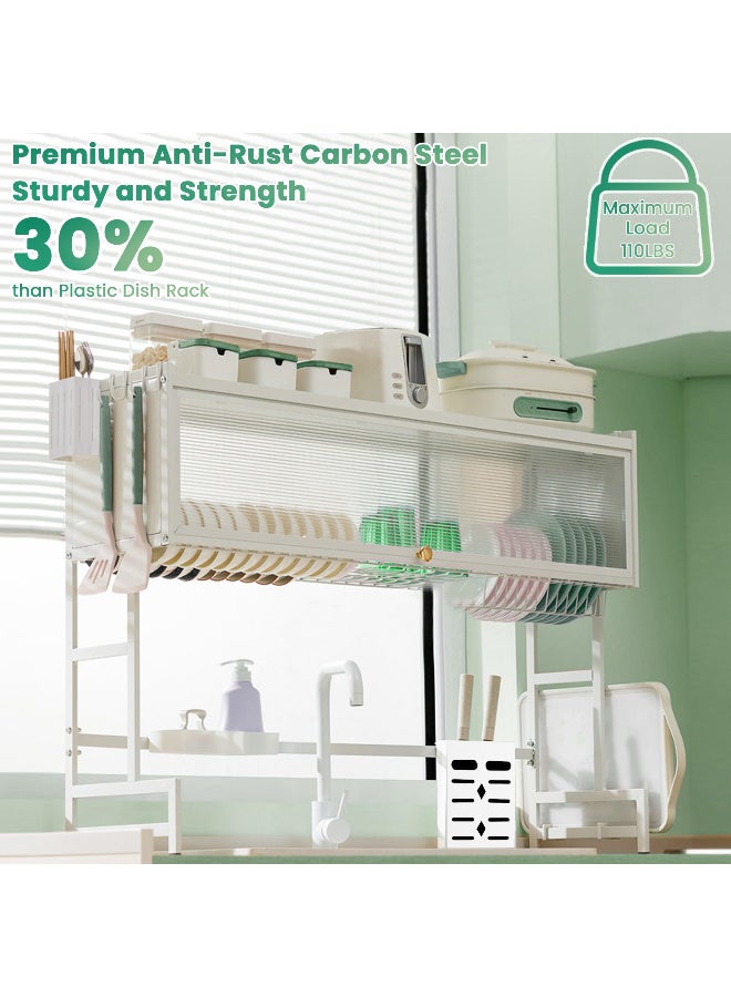 زيريفام مصفاة أطباق بثلاث طبقات فوق الحوض مع غطاء، رف تجفيف أطباق فوق الحوض مصنوع من الفولاذ المقاوم للصدأ، رف تجفيف كبير موفر للمساحة للأطباق والأوعية وأدوات المائدة (أبيض، 95 سم) - Image 4