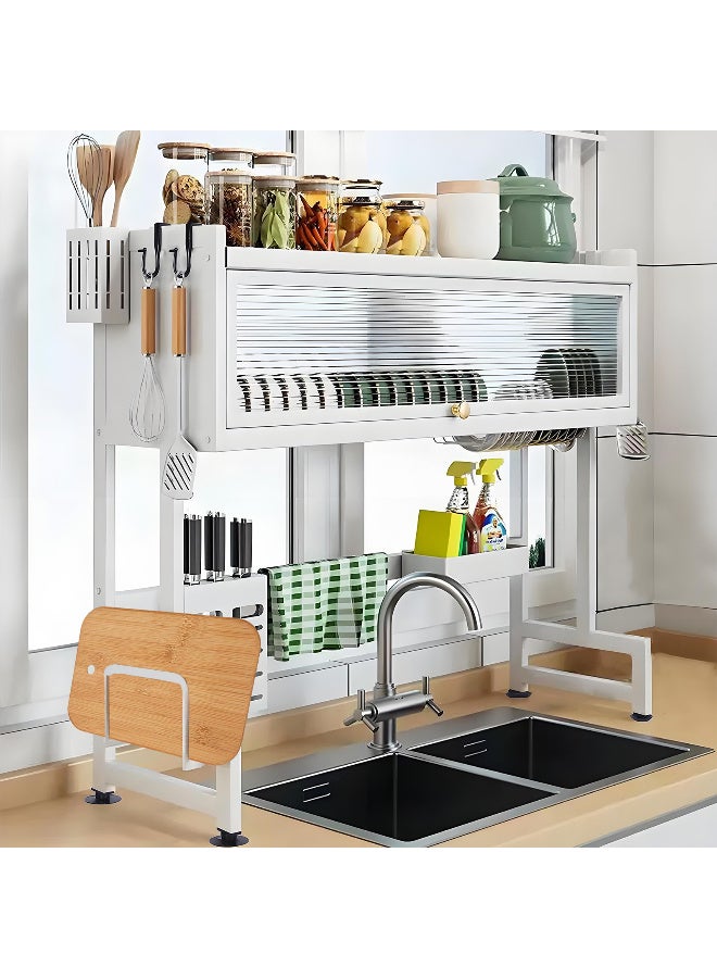زيريفام مصفاة أطباق بثلاث طبقات فوق الحوض مع غطاء، رف تجفيف أطباق فوق الحوض مصنوع من الفولاذ المقاوم للصدأ، رف تجفيف كبير موفر للمساحة للأطباق والأوعية وأدوات المائدة (أبيض، 95 سم) - Image 1