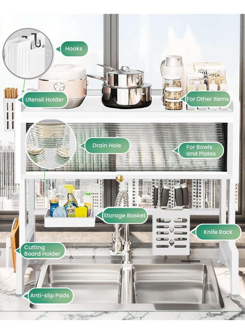 زيريفام مصفاة أطباق بثلاث طبقات فوق الحوض مع غطاء، رف تجفيف أطباق فوق الحوض مصنوع من الفولاذ المقاوم للصدأ، رف تجفيف كبير موفر للمساحة للأطباق والأوعية وأدوات المائدة (أبيض، 95 سم) - Image 5
