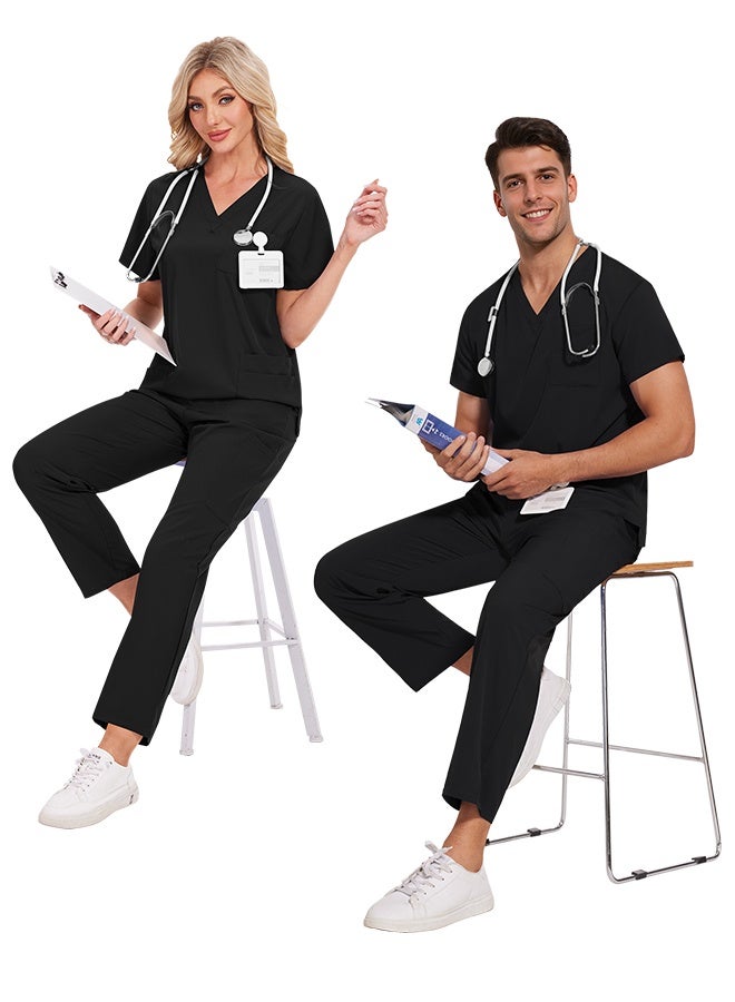 Womens Men Medical Scrubs Set Unisex Scrub Top and Scrub Pant Set Medical Uniform Scrubs Medical Uniform Set (Black) - Image 4