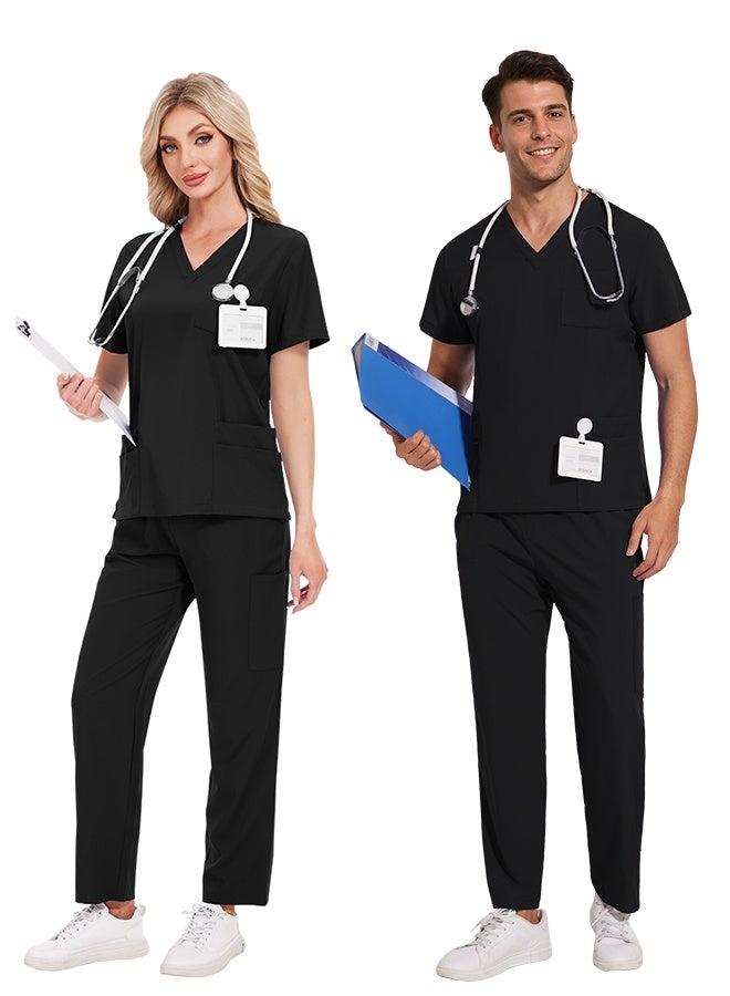 Womens Men Medical Scrubs Set Unisex Scrub Top and Scrub Pant Set Medical Uniform Scrubs Medical Uniform Set (Black) - Image 3