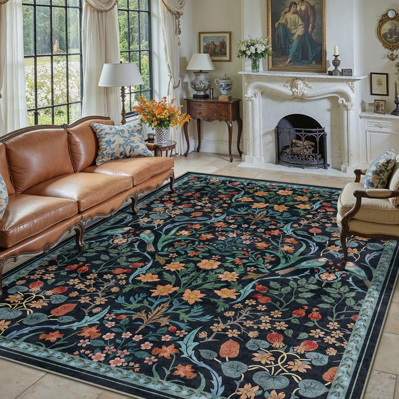 WondRg 8x10 Washable Blue Floral Area Rug for Living Room Non-Slip Soft Large Rug for Playroom Vintage Low Pile Stain Resistant Carpet for Bedroom Kitchen Office Dining Kids Room Indoor - Image 3