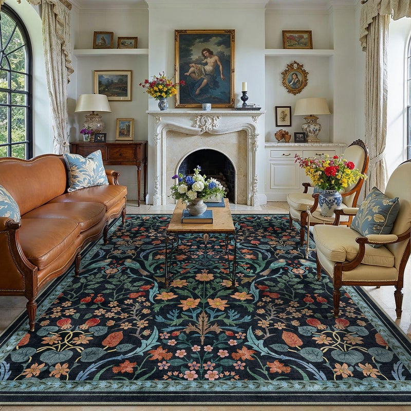 WondRg 8x10 Washable Blue Floral Area Rug for Living Room Non-Slip Soft Large Rug for Playroom Vintage Low Pile Stain Resistant Carpet for Bedroom Kitchen Office Dining Kids Room Indoor - Image 1