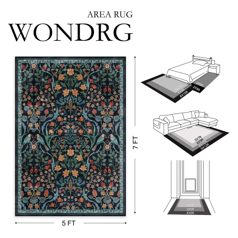 WondRg 8x10 Washable Blue Floral Area Rug for Living Room Non-Slip Soft Large Rug for Playroom Vintage Low Pile Stain Resistant Carpet for Bedroom Kitchen Office Dining Kids Room Indoor - Image 2