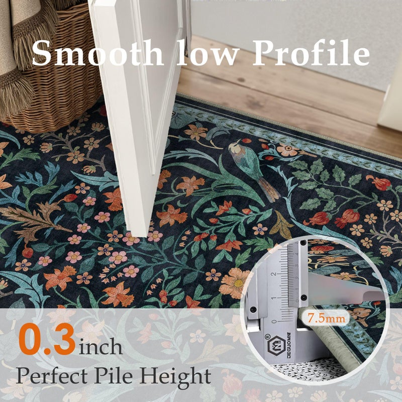 WondRg 8x10 Washable Blue Floral Area Rug for Living Room Non-Slip Soft Large Rug for Playroom Vintage Low Pile Stain Resistant Carpet for Bedroom Kitchen Office Dining Kids Room Indoor - Image 4