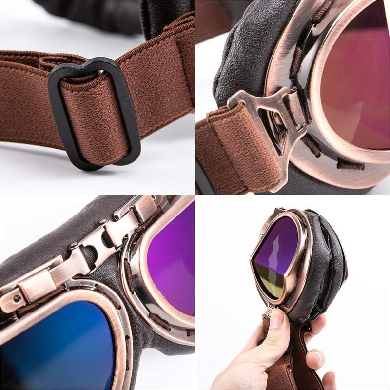 MUXSAM Vintage Motorcycle Goggles, ATV Motocross Goggles, Dirt Bike Racing Riding Off Road Scooter Glasses, Windproof Dustproof Eyewear for Adults Men Women, Copper Frame Colorful Lens - Image 5