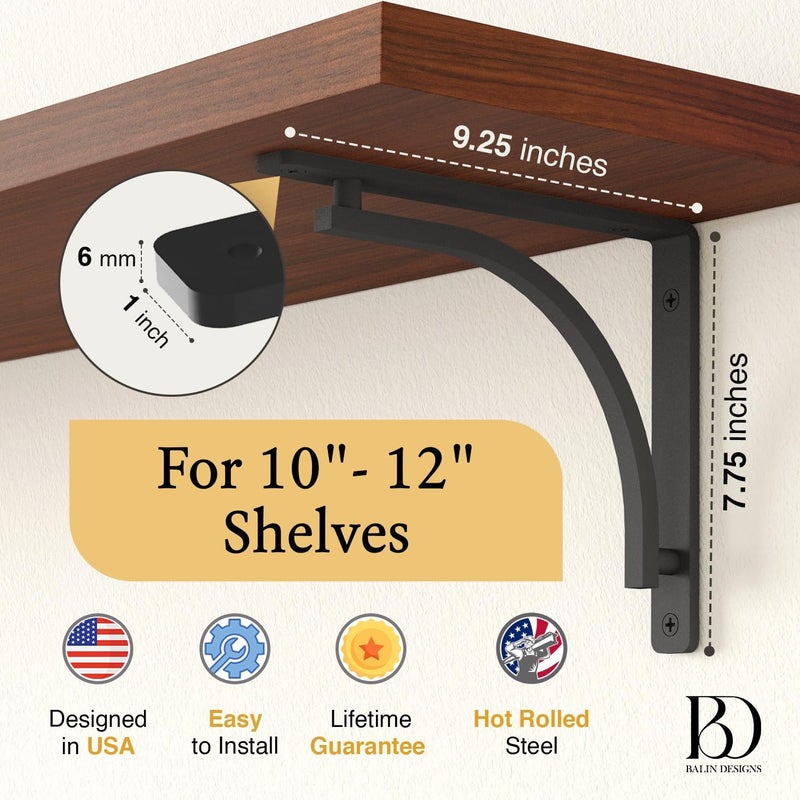Balin Designs Classic Black Heavy Duty Shelf Brackets 10 inch by Balin Designs â€“ L Bracket, Wall Mounted Support, Shelving Metal Bracket, Decorative Shelf Brackets, with Hardware Included, Set of 4 - Image 2