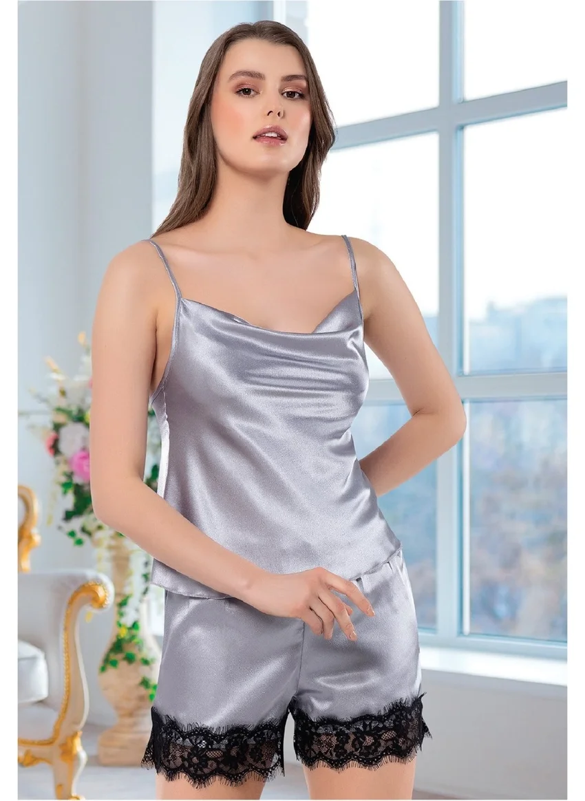 نشيط 3101 Satin Rope Suspended Shorts Set-Grey