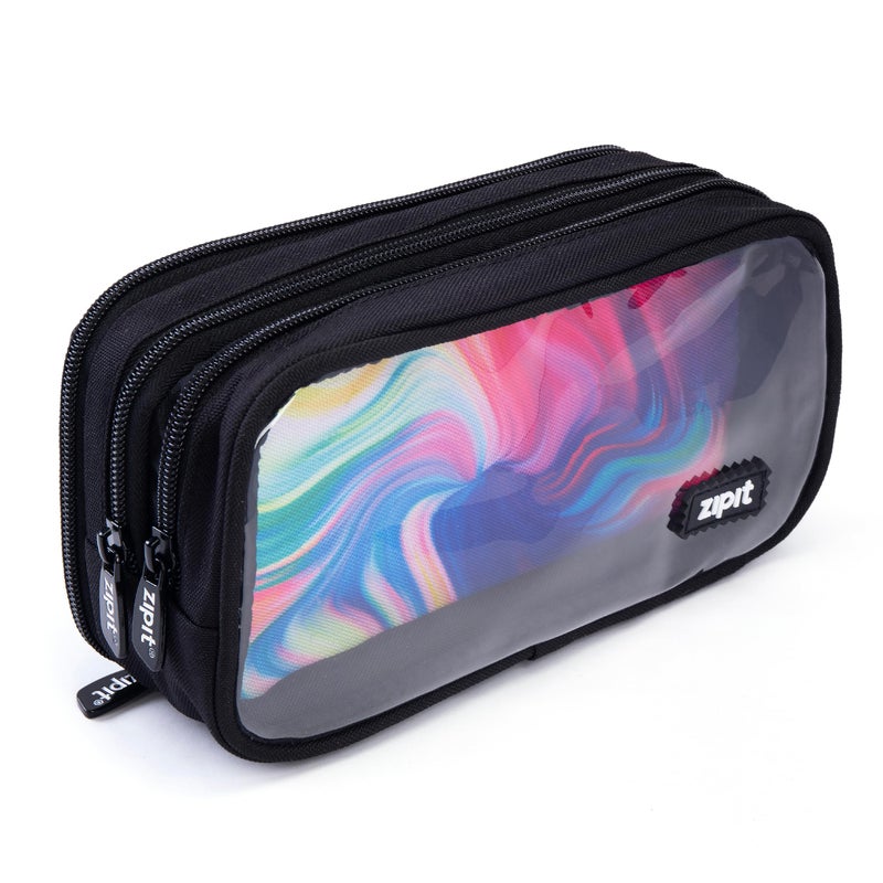 ZIPIT Half Half Pencil Case 3 Compartment Zipper Pouch for School Stationery Bag for Teen Girls Boys and Adults Black