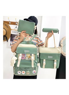 Generic 4-Piece Kawaii Backpack Set with Bear Pendant - Cute Cartoon Canvas School Bag, Pencil Case, and Lunch Box Bag (Green) - Perfect for Kids and Students!  - Image 2