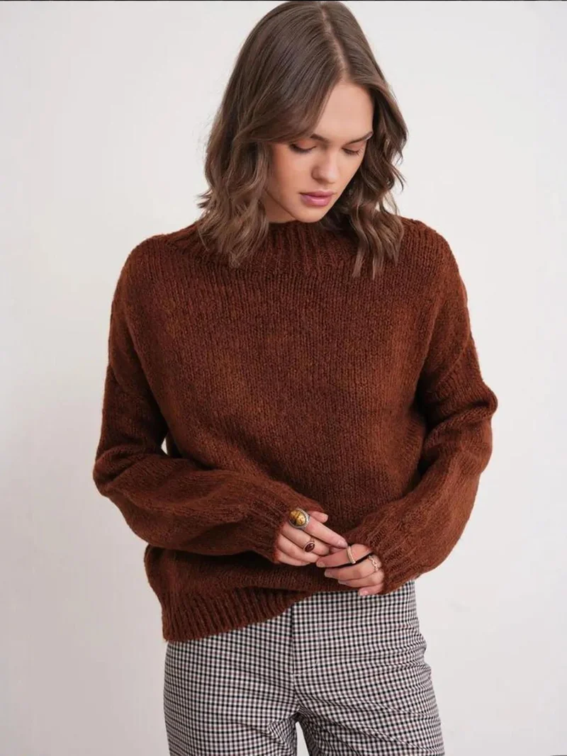 Mixray Chestnut Brown Mixray Relaxed Fit Crew Neck Thick Knit Sweater for Women | Best Price UAE