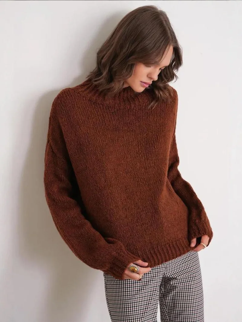 Mixray Chestnut Brown Mixray Relaxed Fit Crew Neck Thick Knit Sweater for Women | Best Price UAE