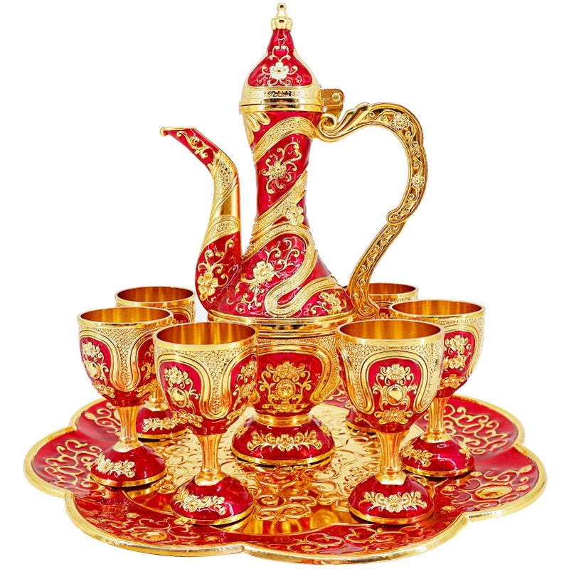 Vintage Turkish Coffee Pot and Cups SetTea Service Set Including TeapotTea Tray and Metal Cups for Wine Cabinet DecorWedding Ornaments Gold and Red