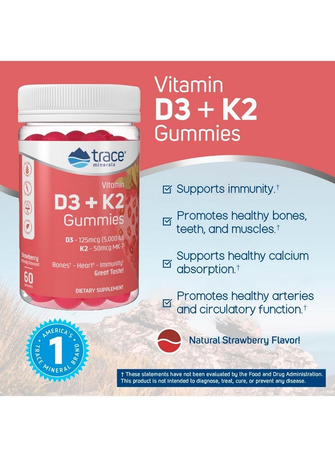 Trace Minerals معادن تتبع | جوميز فيتامين D3 + K2 | 5,000 وحدة دولية D3 + 50 ميكروغرام K2 | نباتي، خالي من السكر، خالي من الغلوتين، بنكهة الفراولة الطبيعية | 60 حصة - Image 2