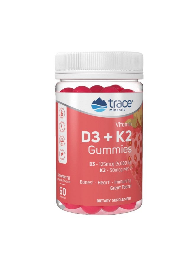 Trace Minerals معادن تتبع | جوميز فيتامين D3 + K2 | 5,000 وحدة دولية D3 + 50 ميكروغرام K2 | نباتي، خالي من السكر، خالي من الغلوتين، بنكهة الفراولة الطبيعية | 60 حصة - Image 1