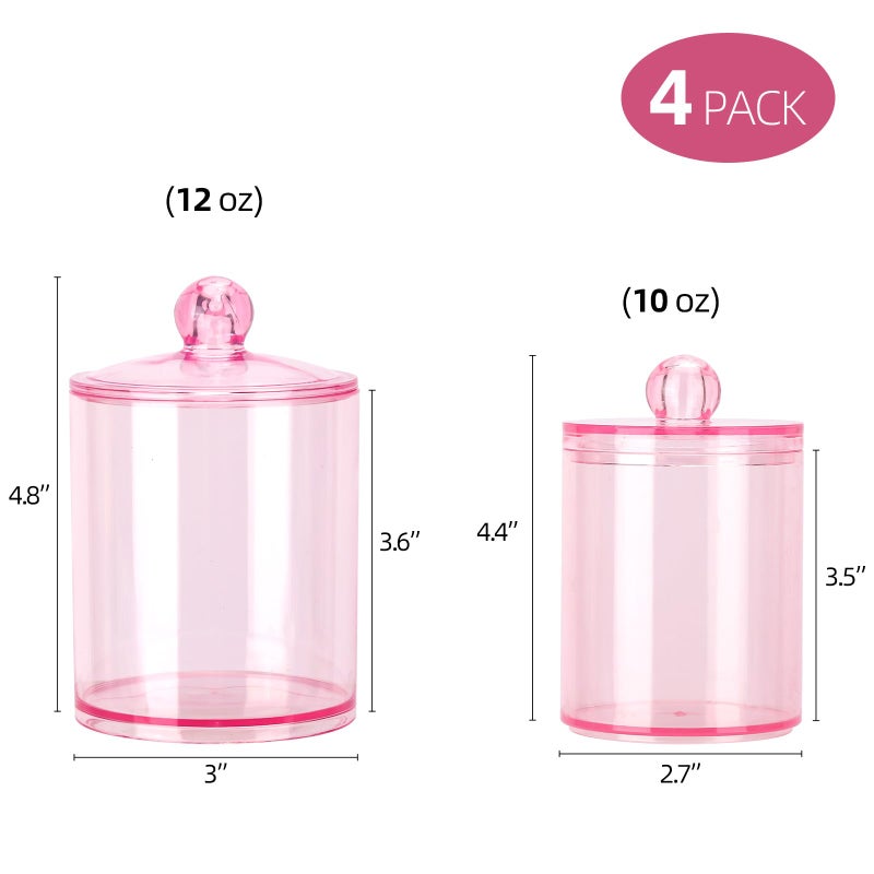 Tbestmax 12 oz & 10 oz Qtip Holder - 4 Pack Restroom Bathroom Organizers and Storage Containers, Pink Plastic Apothecary Jars with Lids for Cotton Swab, Cotton Round Pads, Floss - Image 2