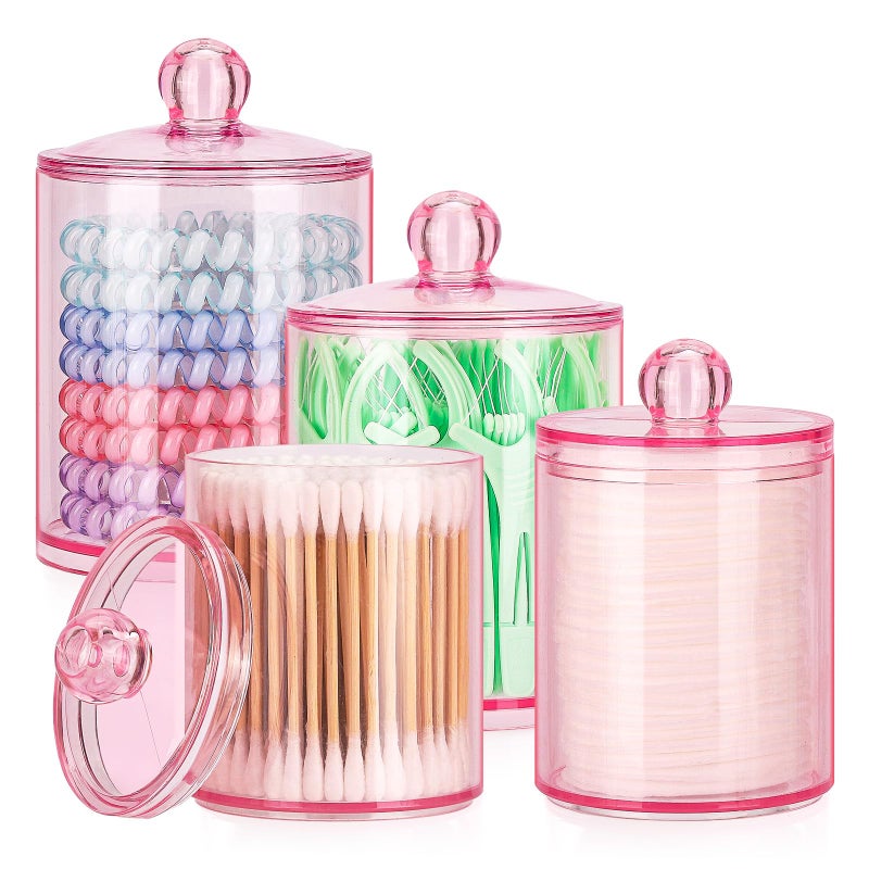 Tbestmax 12 oz & 10 oz Qtip Holder - 4 Pack Restroom Bathroom Organizers and Storage Containers, Pink Plastic Apothecary Jars with Lids for Cotton Swab, Cotton Round Pads, Floss - Image 1