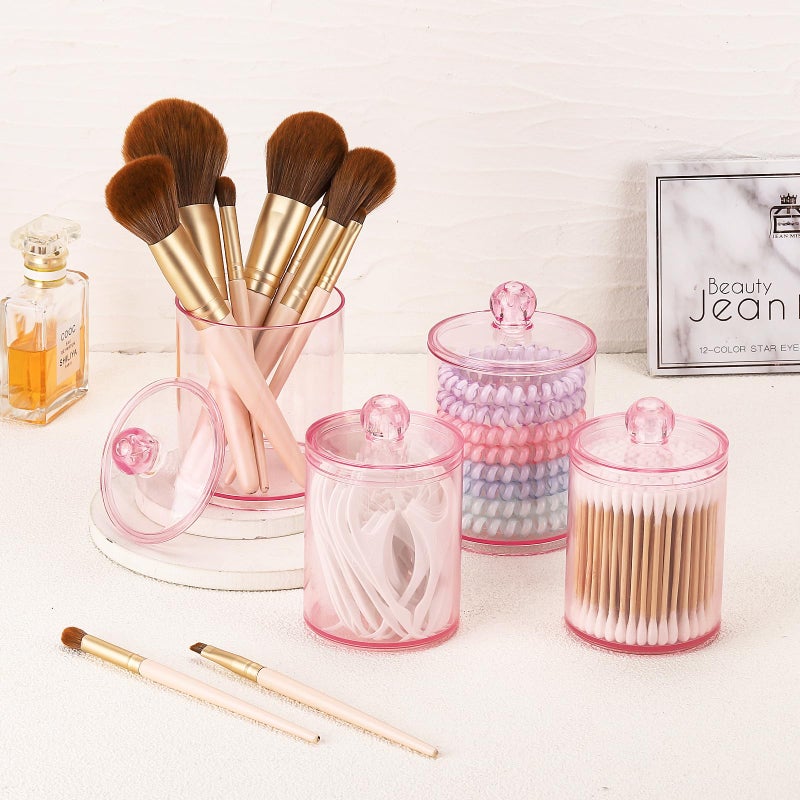 Tbestmax 12 oz & 10 oz Qtip Holder - 4 Pack Restroom Bathroom Organizers and Storage Containers, Pink Plastic Apothecary Jars with Lids for Cotton Swab, Cotton Round Pads, Floss - Image 4