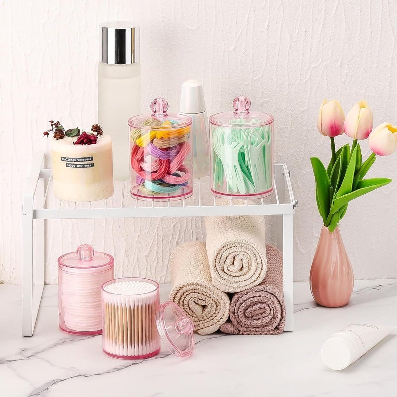 Tbestmax 12 oz & 10 oz Qtip Holder - 4 Pack Restroom Bathroom Organizers and Storage Containers, Pink Plastic Apothecary Jars with Lids for Cotton Swab, Cotton Round Pads, Floss - Image 5