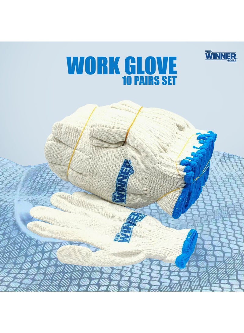 وينر WINNER Tools - طقم قفازات عمل 10 قطع قطن بولي قفازات قماش قطن 40%/بوليستر 60% - Image 1